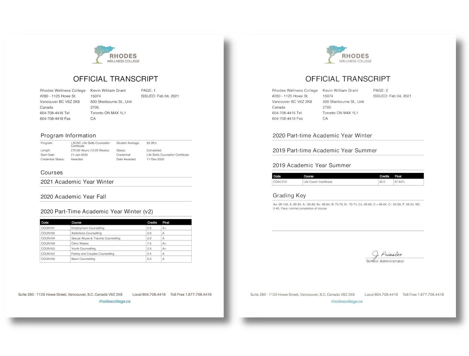 Rhodes Wellness College, Vancouver- Transcript - Life Coach & Life Skills Counsellor Certificates